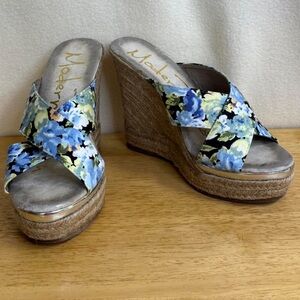 Blue, Green & White Floral Platform Wedges